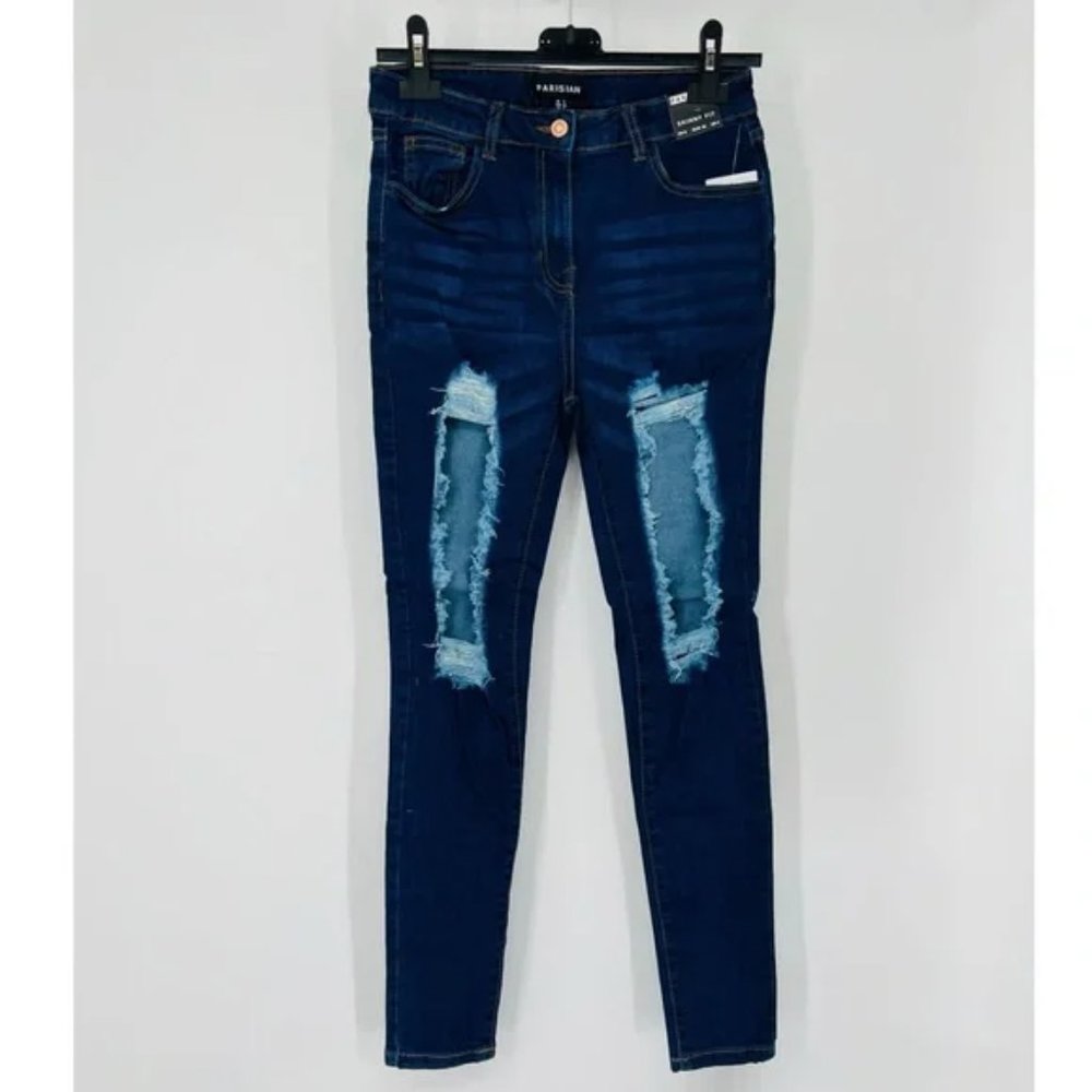 Blue High Waist Ripped Distressed Skinny Denim Jeans Pants - Picture 9 of 13